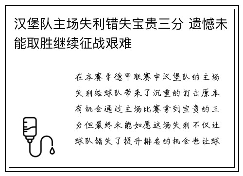 汉堡队主场失利错失宝贵三分 遗憾未能取胜继续征战艰难