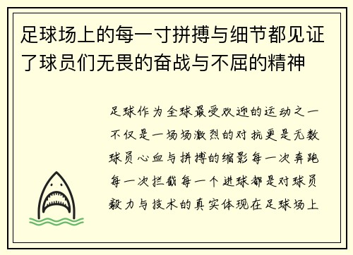 足球场上的每一寸拼搏与细节都见证了球员们无畏的奋战与不屈的精神