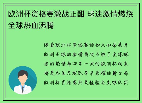 欧洲杯资格赛激战正酣 球迷激情燃烧全球热血沸腾