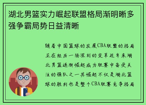 湖北男篮实力崛起联盟格局渐明晰多强争霸局势日益清晰