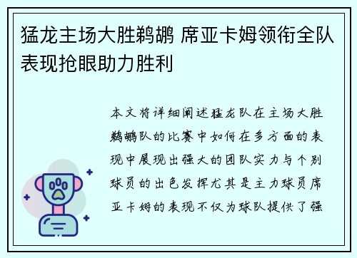 猛龙主场大胜鹈鹕 席亚卡姆领衔全队表现抢眼助力胜利