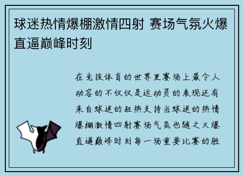 球迷热情爆棚激情四射 赛场气氛火爆直逼巅峰时刻