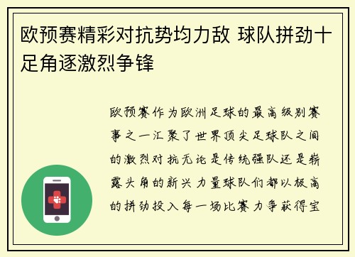 欧预赛精彩对抗势均力敌 球队拼劲十足角逐激烈争锋