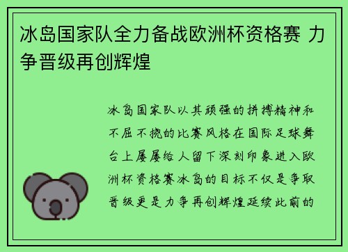 冰岛国家队全力备战欧洲杯资格赛 力争晋级再创辉煌