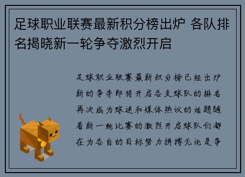 足球职业联赛最新积分榜出炉 各队排名揭晓新一轮争夺激烈开启