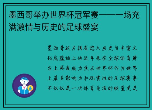 墨西哥举办世界杯冠军赛——一场充满激情与历史的足球盛宴