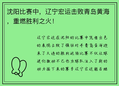 沈阳比赛中，辽宁宏运击败青岛黄海，重燃胜利之火！