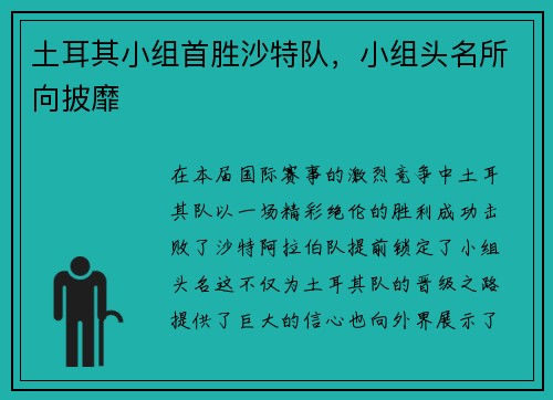 土耳其小组首胜沙特队，小组头名所向披靡