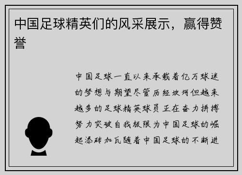 中国足球精英们的风采展示，赢得赞誉