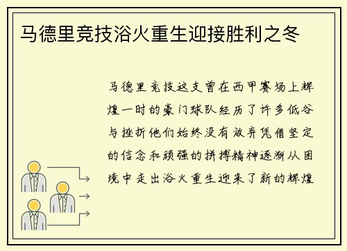马德里竞技浴火重生迎接胜利之冬