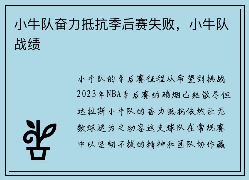 小牛队奋力抵抗季后赛失败，小牛队战绩