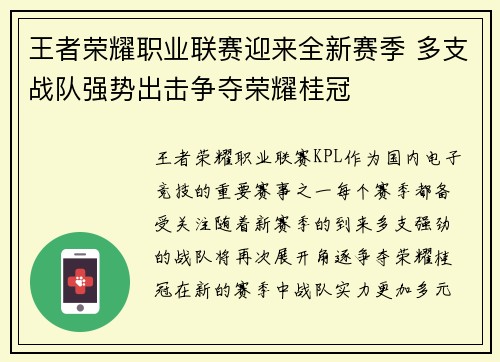 王者荣耀职业联赛迎来全新赛季 多支战队强势出击争夺荣耀桂冠